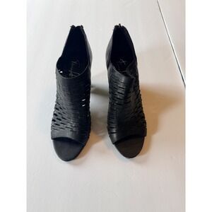 Franco Sarto Womens Black Leather Laser Cut Peep Toe Ankle Booties Block Heel